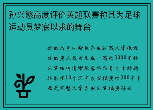 孙兴慜高度评价英超联赛称其为足球运动员梦寐以求的舞台
